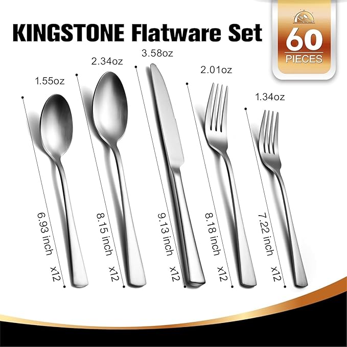 KINGSTONE Silverware Set for 12, 60-Piece 18/10 Stainless Steel Flatware Set, Forged Cutlery Set Matte Satin Finish for Home, Restaurant, Wedding, Party,Gift, Dishwasher Safe