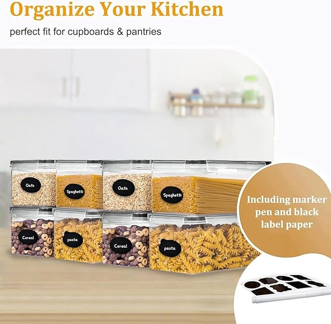 8PCS 3.2L/108 OZ Airtight Food Storage Containers with Lids, Plastic Spaghetti Canisters for Pasta organizer, BPA Free Air Tight Kitchen Pantry Organization