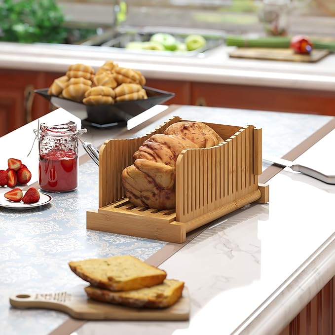 Bamboo Bread Slicer, Adjustable Bread Slicer Guide with 3 Thickness Size, Foldable Compact Chopping Cutting Board, Great for Homemade Bread, Cakes, Bagels