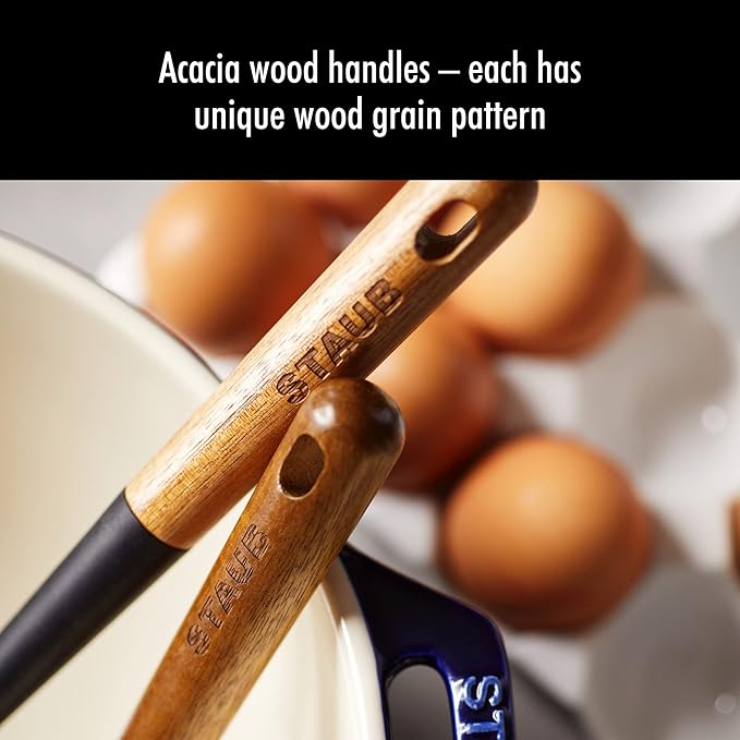 STAUB Silicone Spatula Turner, Perfectly Angled for Lifting Pancakes, Sandwiches and Picking up Veggies Durable BPA-Free Matte Black Silicone, Acacia Wood Handles, Safe for Nonstick Cooking Surfaces