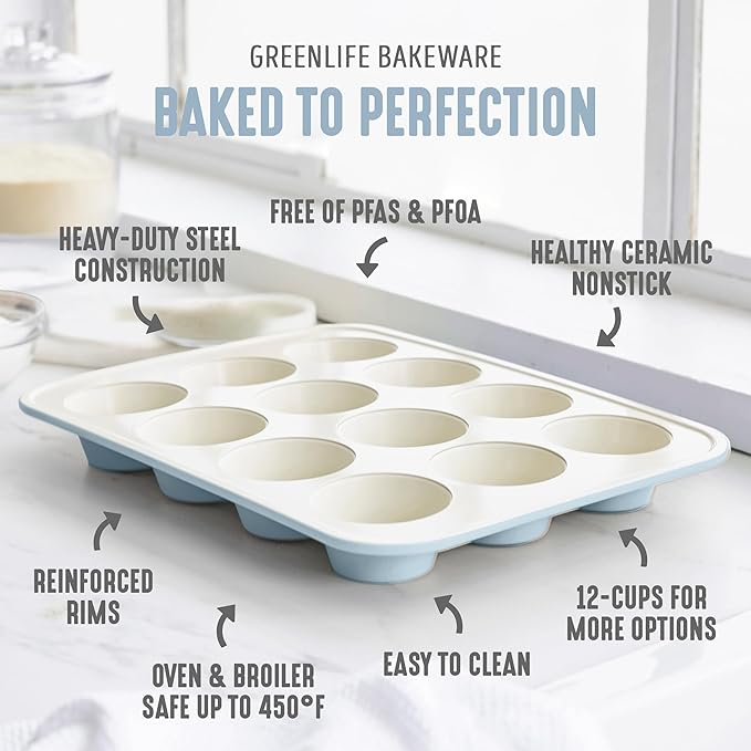 GreenLife 12-Cup Muffin Pan, PFAS-Free Healthy Nonstick Baking Tray, 11.4" x 1.9" x 15.9", Durable Ceramic Bakeware, Cupcakes, Egg Bites, Tarts, Brownies, Blue Haze