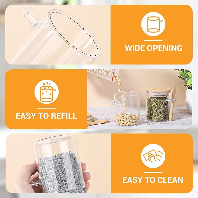Glass Jar with Bamboo Lids and Spoon - 4 Pack 6 Fl.oz Round Glass Food Storage Jars with Airtight Lid, Includes Labels and Marker, Clear Coffee Sugar Container Set, Loose Tea Canister for Spice