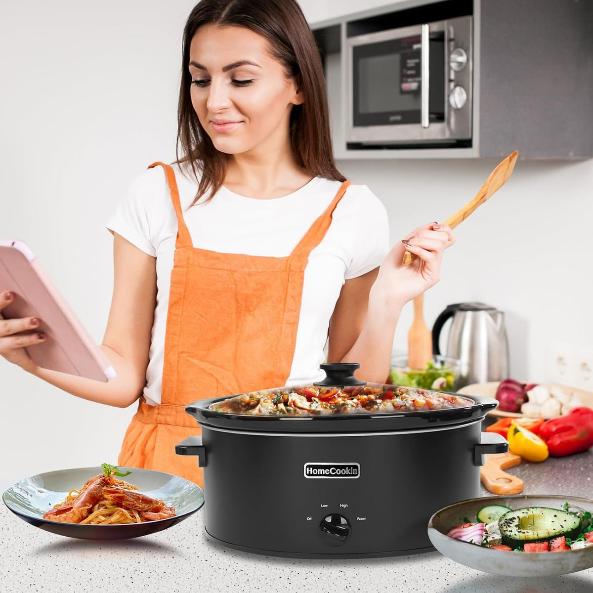 HOMECOOKIN 7 Quart Slow Cooker Oval Manual Pot Food Warmer with 3 Cooking Settings, Black Stainless Steel