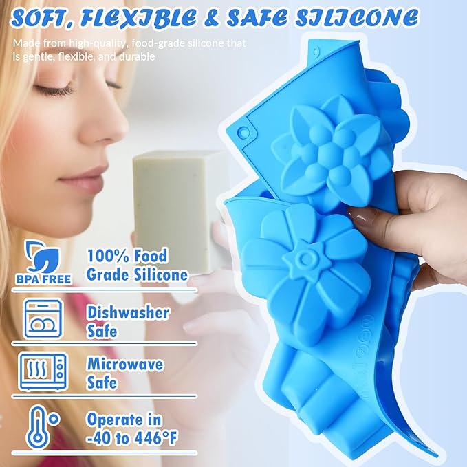 HKNMTT Square Flower Rectangle Bar Molds Silicone, 7 Shapes for Chocolate Soap Making Shower Steamer Homemade Bath Bomb Lotion Shampoo Bar Dessert DIY Set Non-stick Craft Food Grade 3 Pack