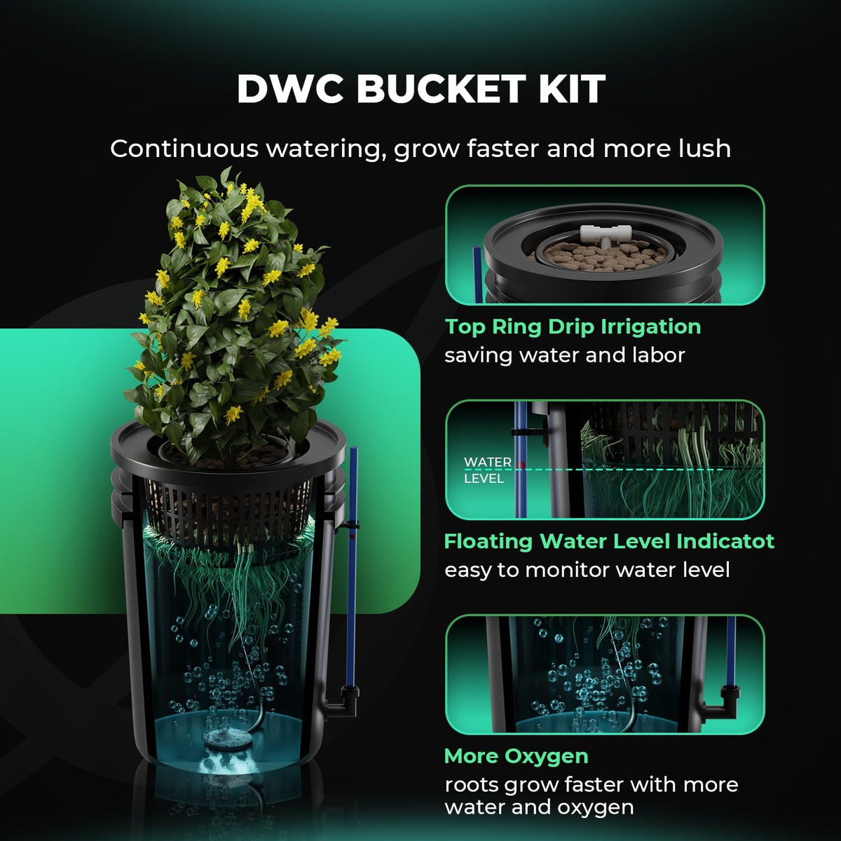 Mars Hydro DWC Hydroponics Grow System 5 Gallon Deep Water Culture with 8W Air Pump, Multi-Purpose Air Hose, Air Stone, 2 Buckets and Top Drip Kit