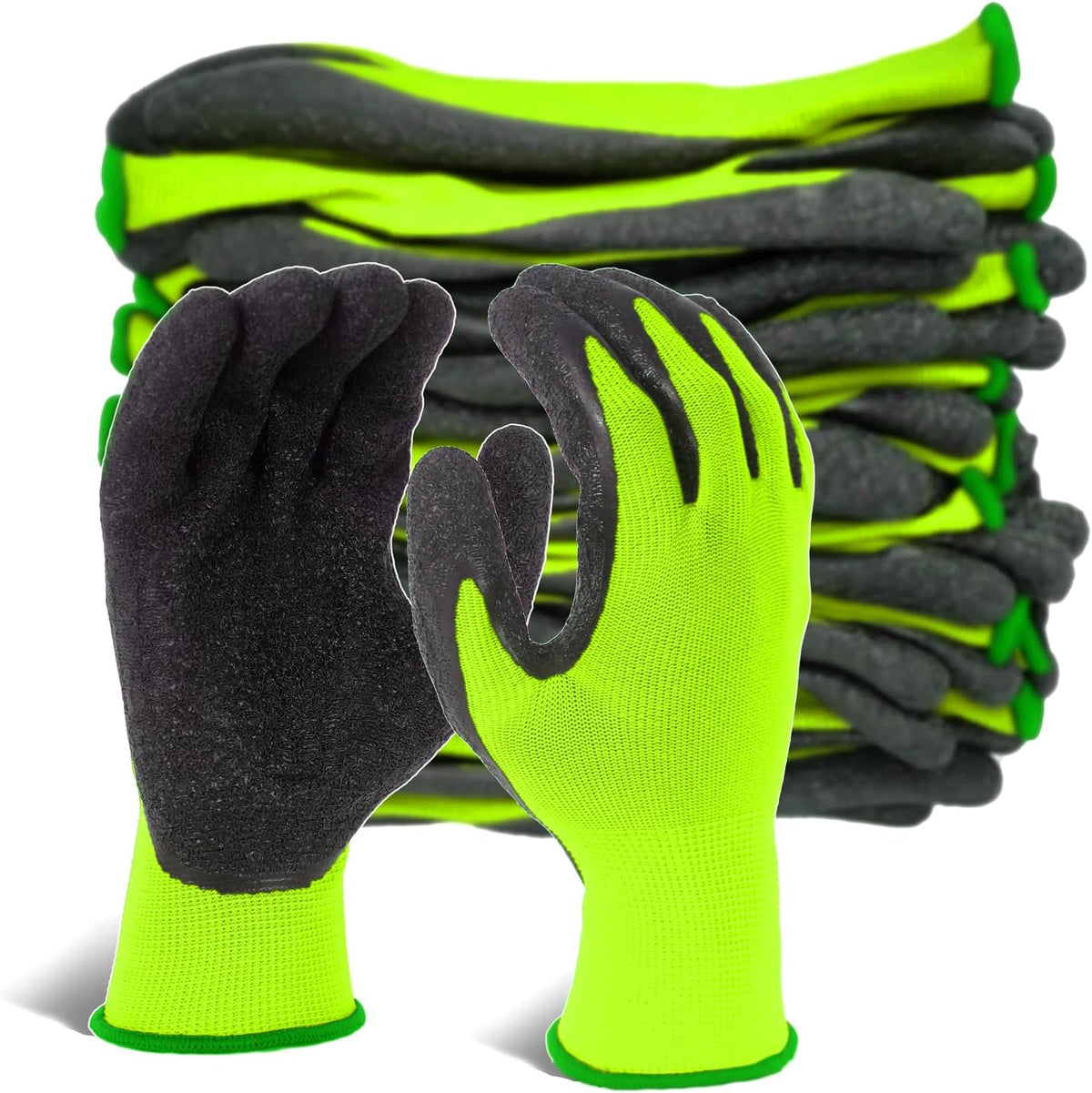 Evridwear Crinkle Latex Rubber Hand Coated Safety Work Gloves for Men Women General Multi Use Construction Warehouse Gardening Assembly Landscaping (X-Large,Green- 12Pair)