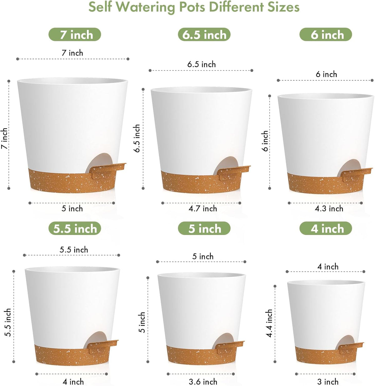 7/6.5/6/5.5/5/4 inch Self Watering Pots for Indoor Outdoor Plants, 6 Pack Plastic Flower Planters with Drainage Holes and Removable Saucers, Plant Pots with Wicking Rope, White Brown