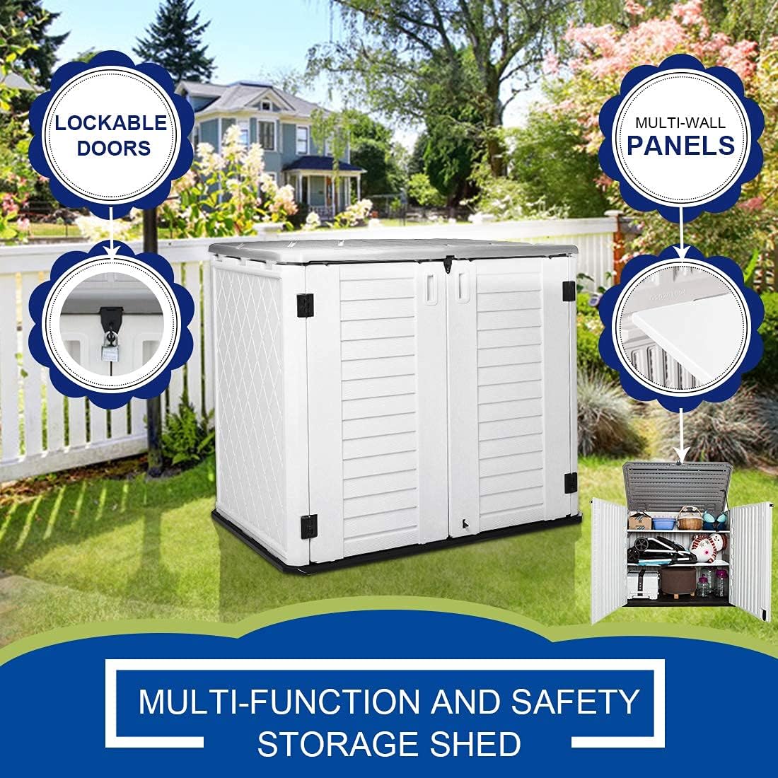 KINYING Outdoor Storage Shed - Horizontal Storage Box Waterproof for Garden, Patios, Backyards, Multi-Opening Door for Easy Storage of Bike, Garbage Cans, Tools, Lawn Mower, Off-White, 26 Cubic Feet