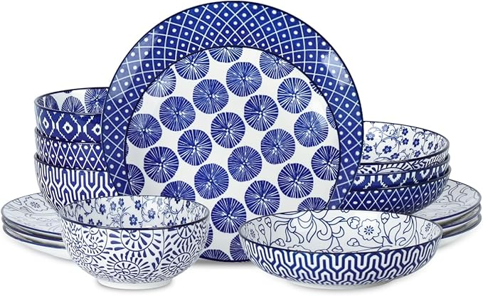 Selamica Ceramic Dinnerware Sets, 16 Pieces Dishes Set for 4, Kitchen Plates and Bowls Sets, Dishwasher & Microwave Safe, Vintage Blue