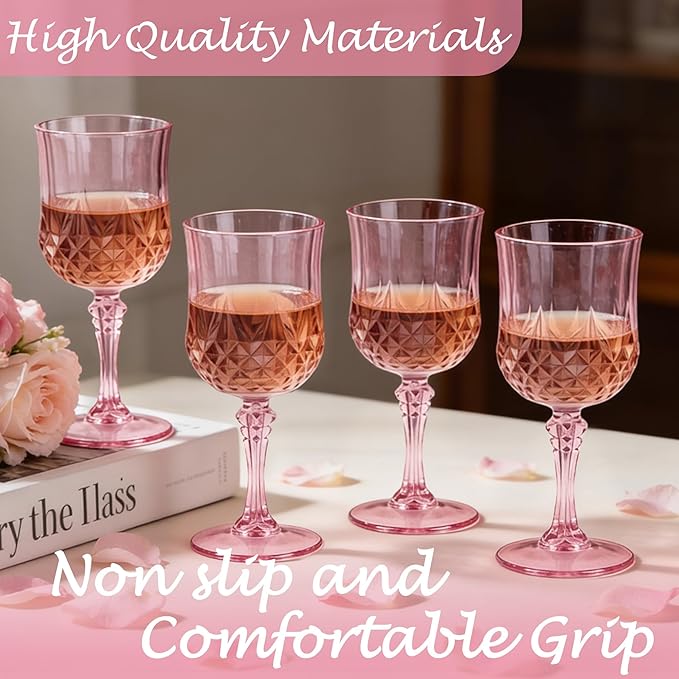 Plastic Wine Glasses, Plastic Goblets Vintage Style Cordial Unbreakable Drinking Glasses， Reusable Drinkware for Wedding Reception, Grand Event Party Supplies, Mother's Day(48, Pink)