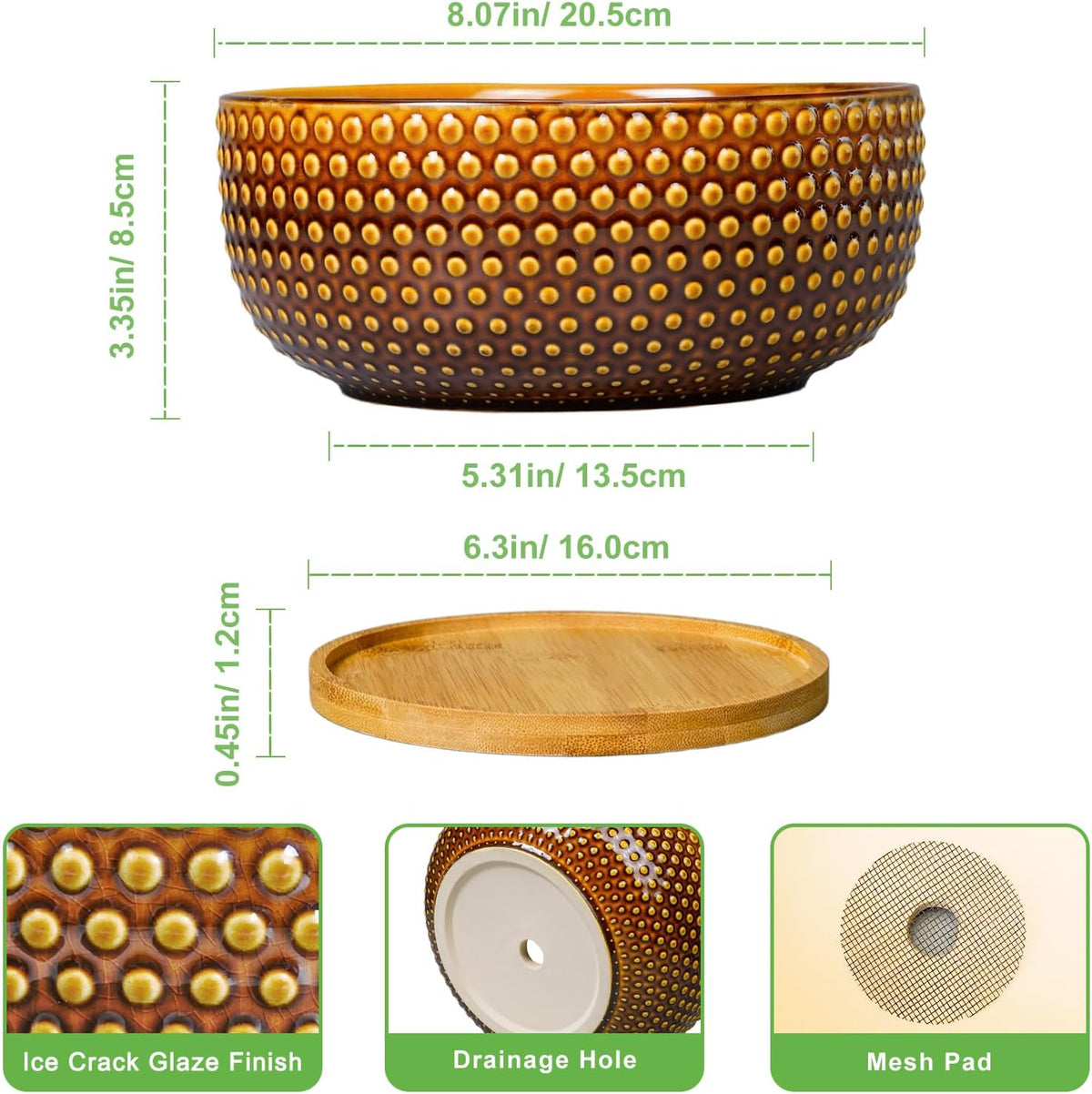 Bonsai Pots - 8 Inch Succulent Bowl for Indoor Plant, Shallow Round Ceramic Planters with Drainage Hole and Saucer, Boho Home Room Office Apartment Decor, Plant Lovers Gifts, Brown