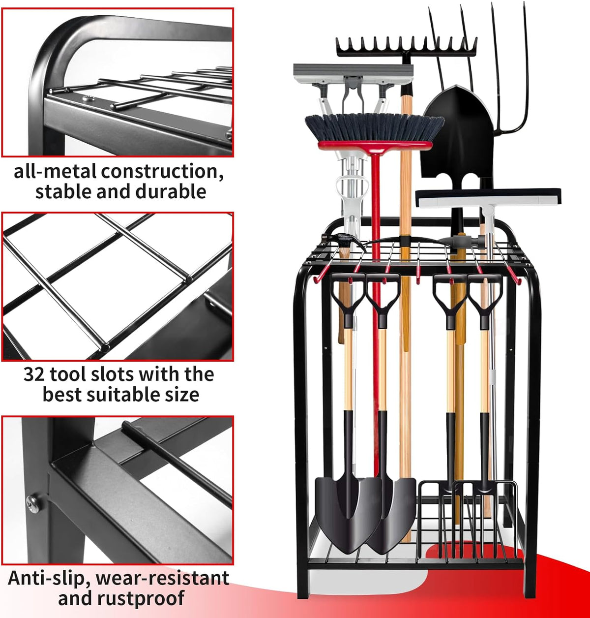 Trieez Garden Tool Organizer for Garage, Yard Tool Organizer with Hooks for Garage Organization and Storage - Sturdy Yard Tool Holder, Tool Rack for Shed, Outdoor, Tool Stand
