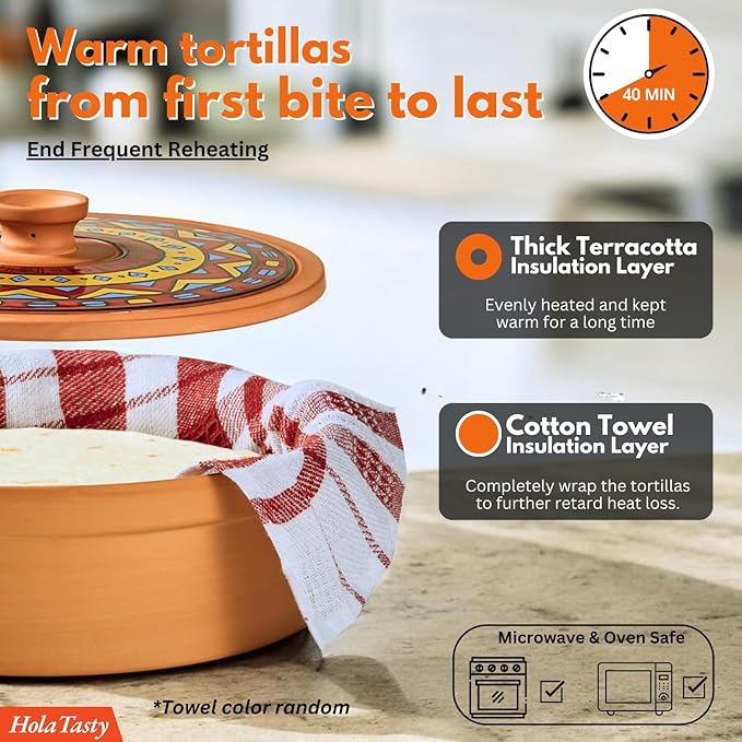 Mexican Terracotta Tortilla Warmer for Thanksgiving | Authentic Terra Cotta Tortilla Holder with Warmer Cloth | Natural Clay Tortillero Keeps 8" Tortillas Warm | Bread Warmer for Fall Dinner Party