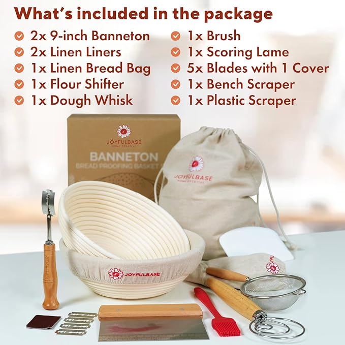 Banneton Bread Proofing Basket Set of 2 Sourdough Starter Kit with 9- Inch Round Baskets Fermentation Proofing Bowls Artisan Sourdough Bread Baking Supplies with Tools Liners and Linen Bag