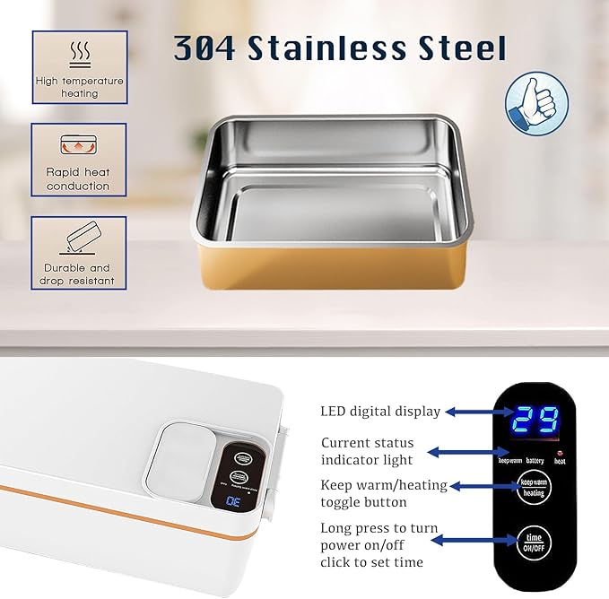 BJLIFE Cordless Electric Heated Lunch Box, Rechargeable Battery Powered Food Heater, 1L Portable Self Heating Food Warmer with Stainless Steel Inner Liner & Insulated Bag, for Men Women Work Travel