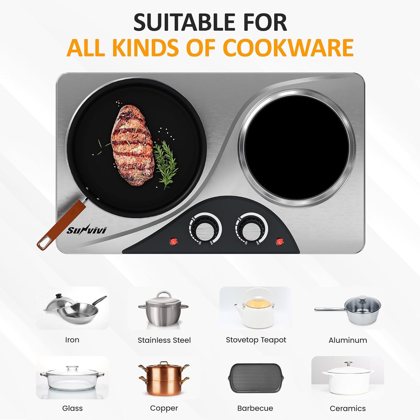 Sunvivi 1800W Dual Burner Portable Electric Ceramic Stove – Knob Control, Indicator Light, Compatible with All Cookware, Ideal for Multiple Cooking Scenarios, Silver