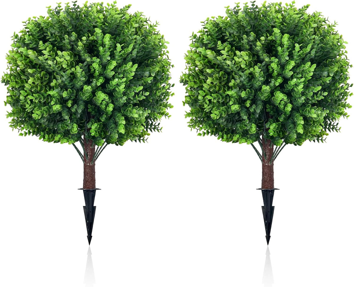 Artificial Topiary Tree with Eucalyptus, Set of 2 UV Resistant 17in Miniature Trees, Outdoor for Porch, Fake Bonsai Topiaries, Greenery Balls, Faux Shrubs for Planters, Curb Appeal Decor