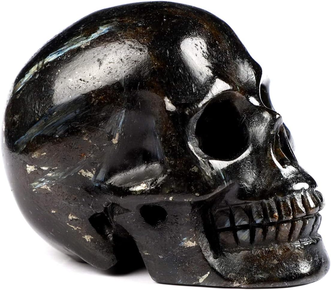 Skullis 2.0” Russian Arfvedsonite Crystal Skull, Hand Carved Gemstone Fine Art Sculpture, Reiki Healing Stone Statue.