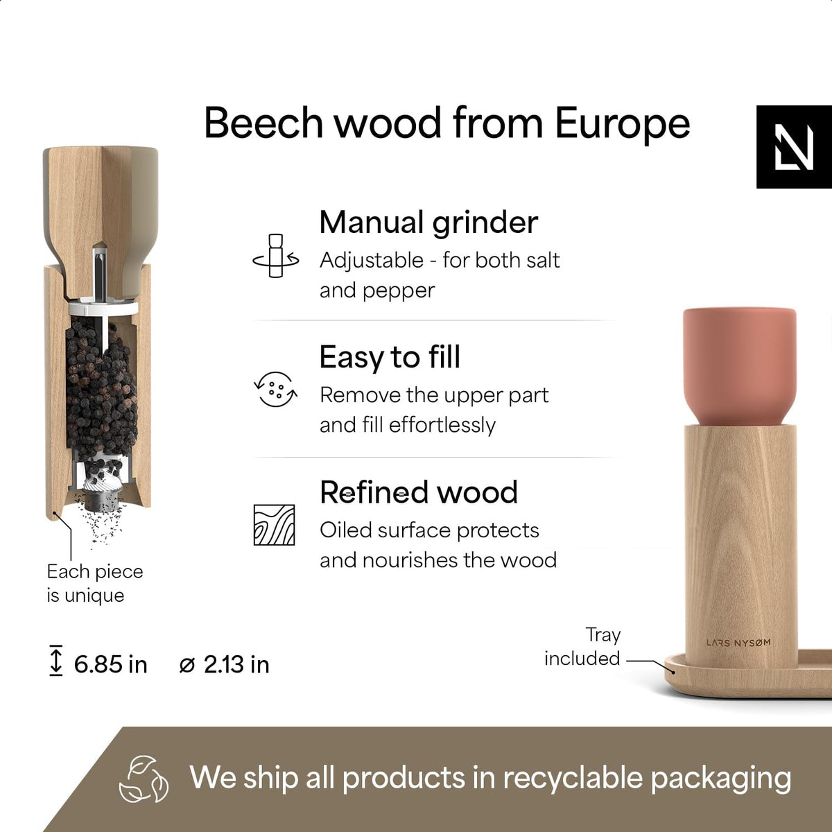 LARS NYSØM Wooden Salt and Pepper Grinder Set Manual with Tray - Salt and Pepper Mills with Adjustable Ceramic Grinder - Elegant Beechwood Pepper and Salt Mill Set for Dining Table (Red/Brown)