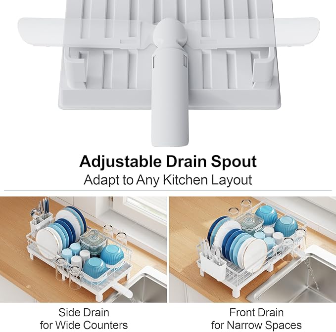 GSlife Expandable Dish Drying Rack for Kitchen Counter, Compact Space-Saving Dish Rack with Drainboard, Rustproof Dish Drainer for Small Kitchen, Apartment, RV, 12.2" W x 12"-20.5" L, White