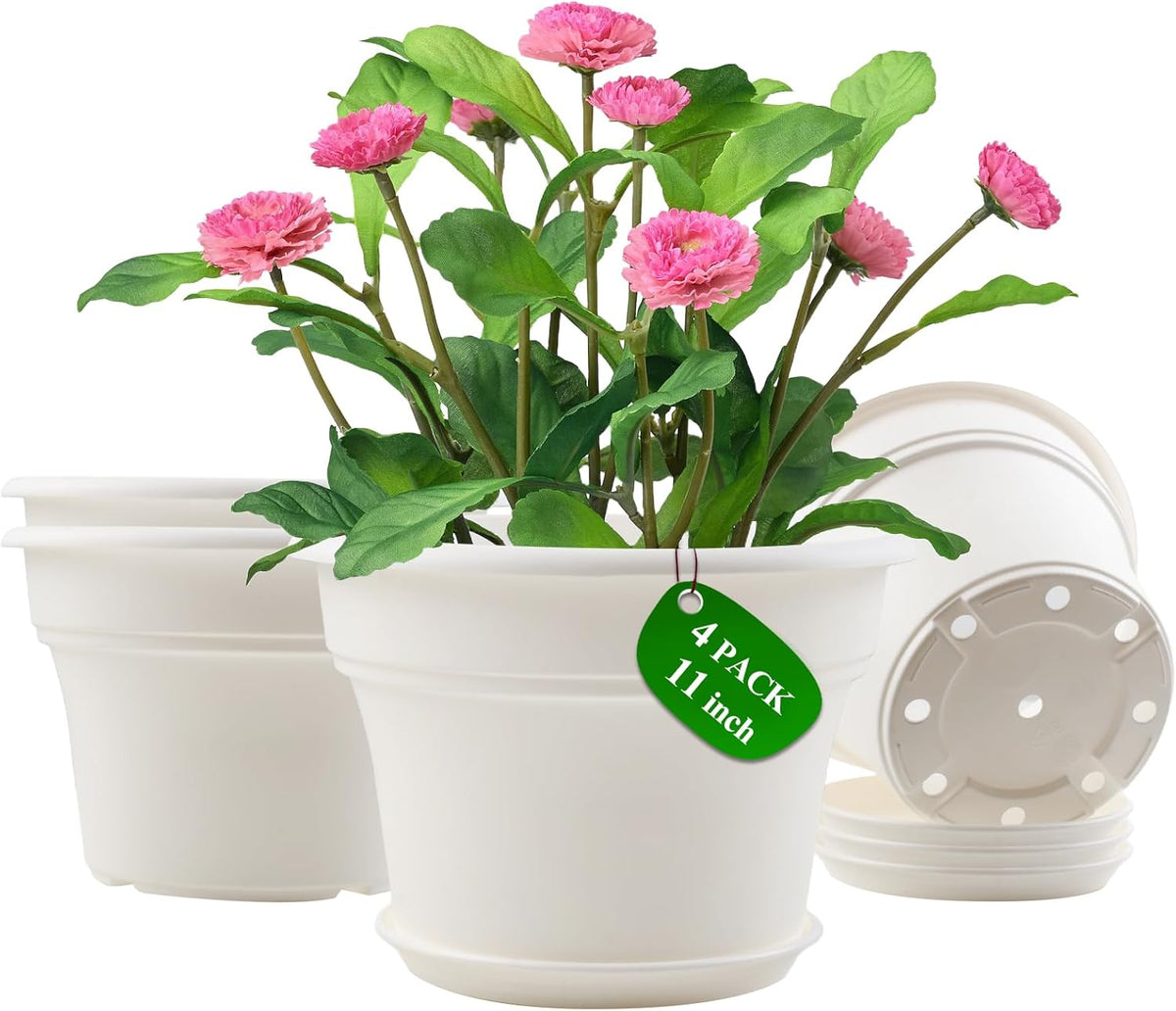 11 Inch Plastic-Flower-Pot-for-Indoor-Plants, 4 Pack Large Outdoor Planter Pot with Drainage Holes & Saucers, Resin Decorative Garden Pots Planters