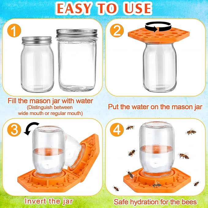 4 Pack Bee Feeder for Mason Jar Bee Watering Station Garden Silicone Sugar Water Feeder Beekeeping Drinking Equipment Tools with Mason Jars for Drinking Water(Orange,Hexagon)