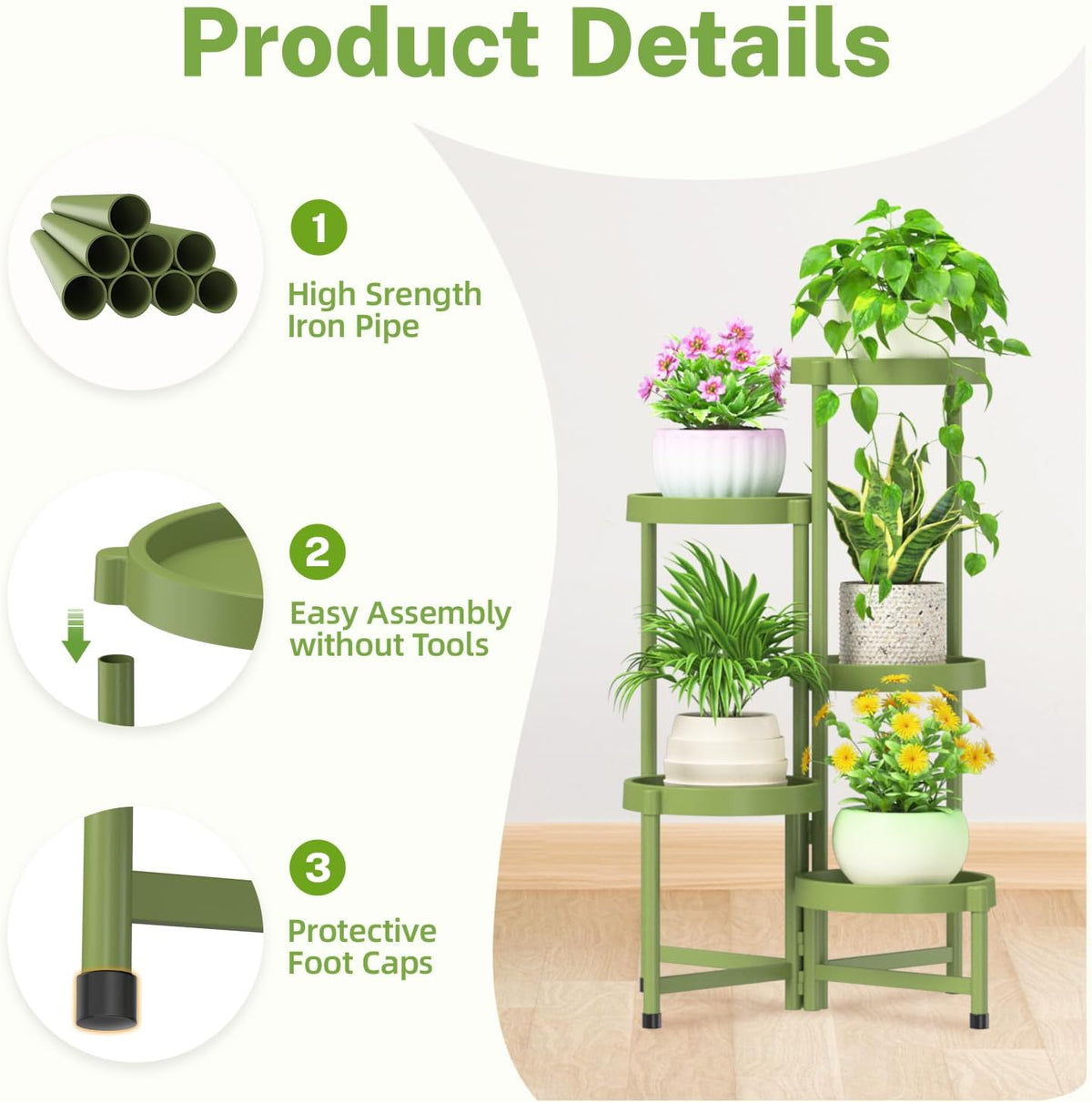 iDavosic.ly 5 Tier Folding Plant Stand Indoor Outdoor with Plastic Tray, Tiered Corner Flower Holder Shelf, Metal Orchid Display Rack for Patio Porch Living Room Garden Balcony, Green