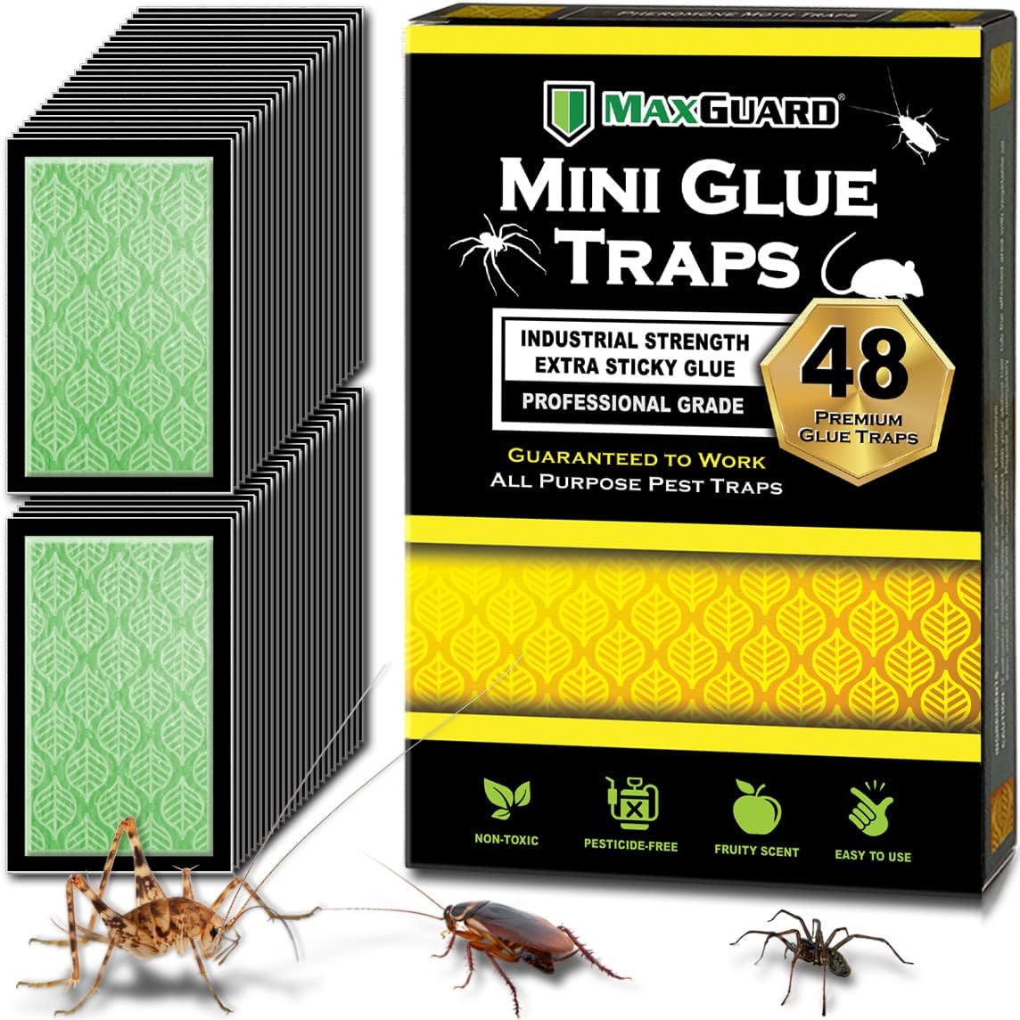 MaxGuard Mini Glue Traps (48 Traps) Non-Toxic Extra Sticky Glue Board Pre-Baited with Fruity Scent Attractant Trap & Kill Insects, Bugs, Spiders, Crickets, Scorpions, Cockroaches, Centipedes, Mice