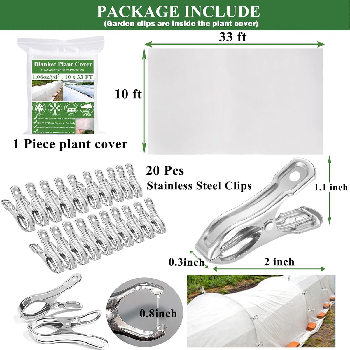 Plant Covers Freeze Protection 10 x 33Ft with 20 Stainless Steel Clips- Frost Cloths Plant Blankets Floating Row Cover for Outdoor Plants Winter Raised Bed Greenhouse Frost Sun Protection