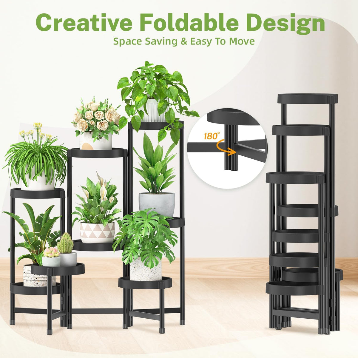 iDavosic.ly 8 Tier Folding Plant Stand Indoor Outdoor with Plastic Tray, Tiered Corner Flower Holder Shelf, Metal Orchid Display Rack for Patio Porch Living Room Garden Balcony, Modern Black