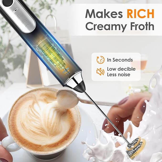 Milk Frother Handheld, Rechargeable Coffee Frother Wand with 2 Stainless Whisks 3 Speeds, Drink Mixer, Electric Foam Maker, Hand Mixer for Lattes, Cappuccino, Matcha, Egg, Black