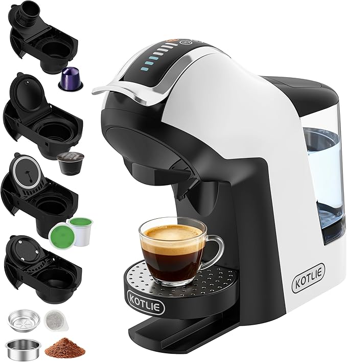 KOTLIE EM-308B Espresso Machine, Single Serve Coffee Maker Compatible with Multiple Capsule Types, Ground Coffee, and ESE Pods, 3 Temperatures, 7 Water Volume Levels, 34 Oz（White）