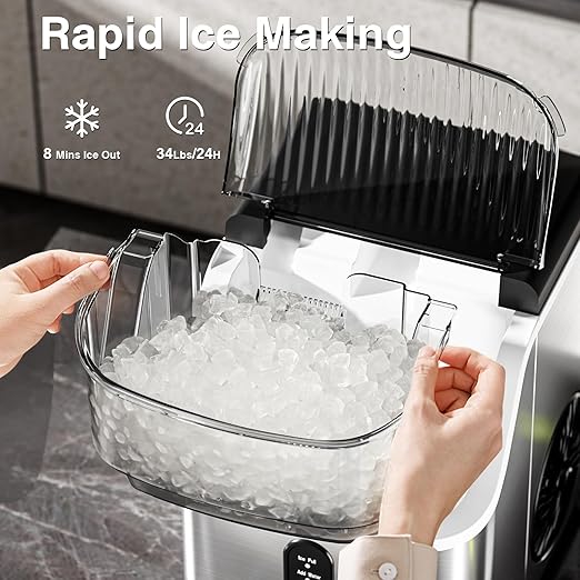 Antarctic Star Nugget Ice Maker Countertop, Chewable Nugget Ice Machine with Automatic Cleaning, Fast Ice Making 34Lbs/24H, One Click Operation for Party/Home/Bar/RV (Stainless Steel Silver)