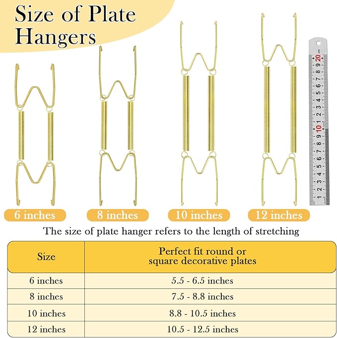 7 Pack Plate Hangers for Wall Display, 6/8/10/12 Inch Invisible Stainless Steel Plate Holders with Wall Hooks, Fit 5.5–12.5 Inch Decorative Plates, Plate Display Hangers for Home Wall Decor, Gold