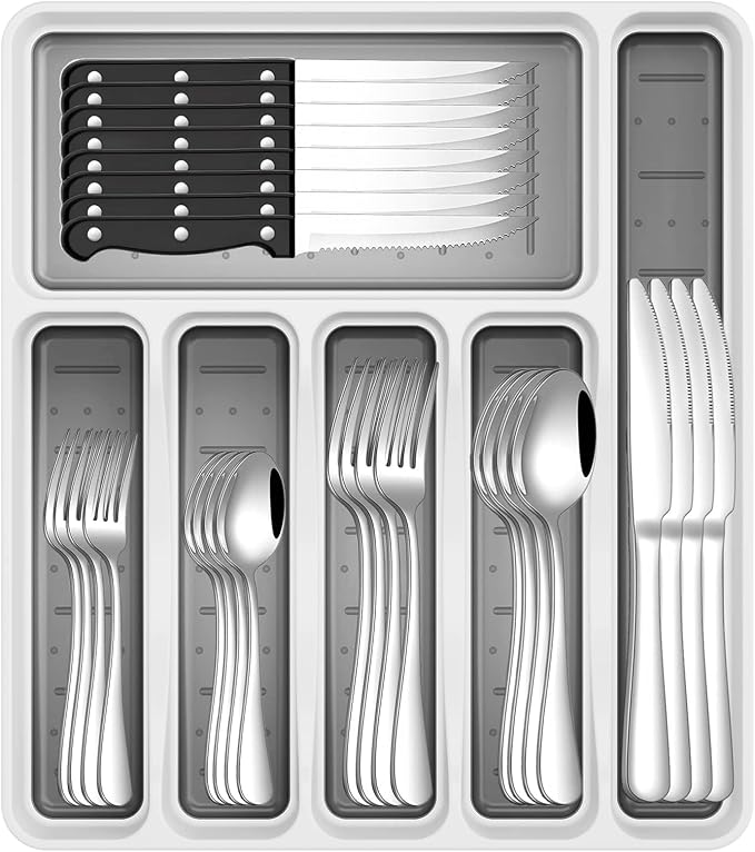 49-Piece Silverware Set with Organizer, Stainless Steel Flatware Utensils Set for 8, Forks and Spoons Silverware Set Cutlery Set with Steak Knives, Dishwasher Safe
