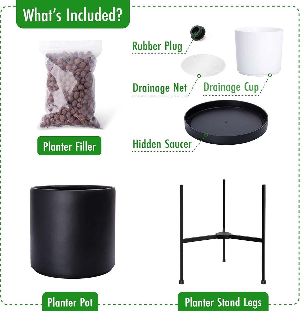 D'vine Dev Modern Black Plants Pot Cylinder Planter with Heavy Duty Stand, Small 8 Inch Pot, 12.6 Inch with Stand Height, 96-T-B-1