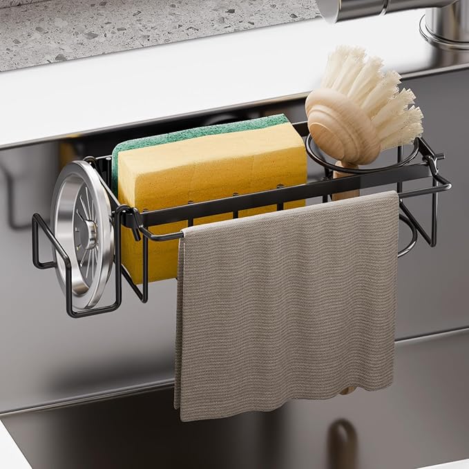 TAILI Sponge Holder with Strong Suction Cup, 4-in-1 Rustproof Sink Organizer - Sink Caddy Holds Sponges, Brushes, Stoppers & Scrapers -Black