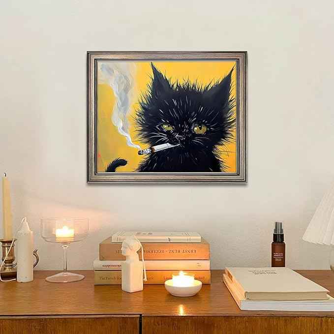 Vintage Framed Black Cat Painting Cat Portrait Wall Art Canvas Print Poster for Mens Room Living Room Bedroom Bathroom Home Decor