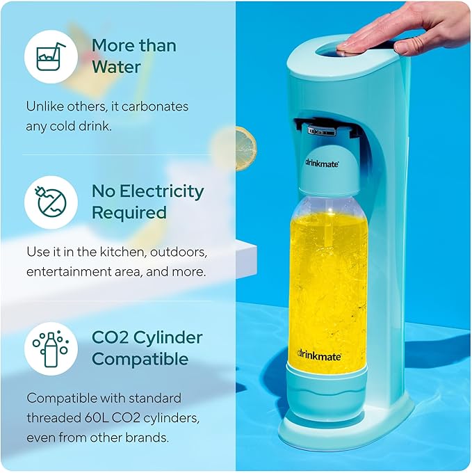 Drinkmate OmniFizz Sparkling Water Maker & Soda Streaming Machine | Carbonates Any Drink | BPA-Free Bottle | No Batteries or Electricity Required | CO2 Not Included (Arctic Blue)