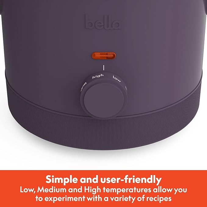 bella 1.5 Qt Slow Cooker with 3 Heat Manual Control, Ceramic Nonstick Coating, Dishwasher Safe Stoneware Pot and Tempered Glass Lid, Tangle Free Cord Wrap & Cool Touch Handles, Plum