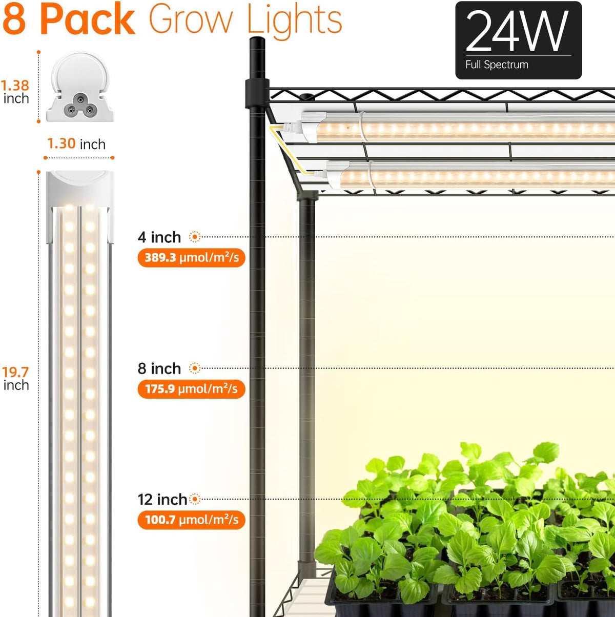 DIY Plant Shelf with Grow Lights and EVA Greenhouse Cover, Plant Stand with Adjustable Rack and Wheels, 8-Pack 192W T8 3000K Full Spectrum Plant Lights for Seed Starting (29.5L x 13.8W x 70.9H)