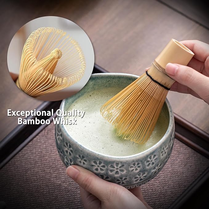 Buucup Matcha Whisk Set, Ceramic Matcha Kit Includes Matcha Bowl, Matcha Whisk and Holder, Bamboo Scoop, Scoop Rest, Sifter and Tea Towel - 7 Pcs Matcha Kit for Matcha Lovers (Blue)