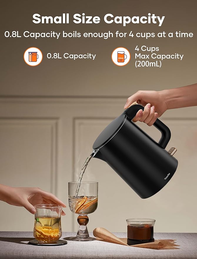 Small Electric Kettle, 0.8L Water Boiler & Heater, 1000W Hot Tea Pot, Double Wall Stainless Steel Cool Touch, Mini Coffee Kettle with Auto Shut Off & Boil Dry Protection, BPA-Free, Black Gold