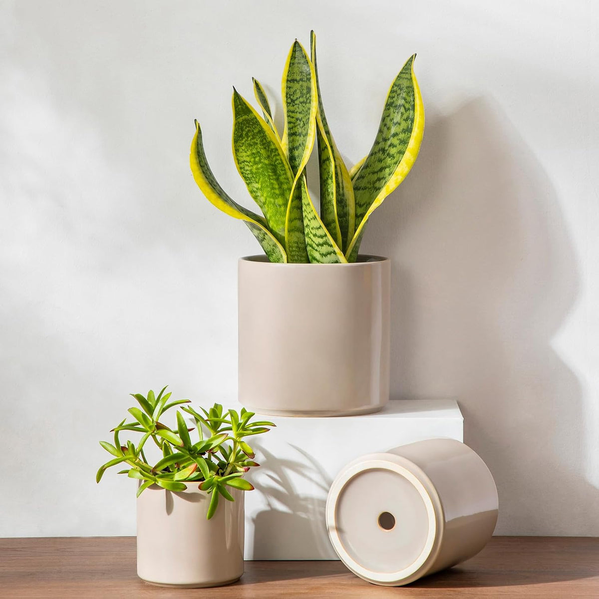 vancasso Ceramic Plant Pots, 4.25+5.25+6.25 Inch Planter Pot with Drainage Hole, Flower Pots for Indoor Outdoor Plants, Set of 3, Grey