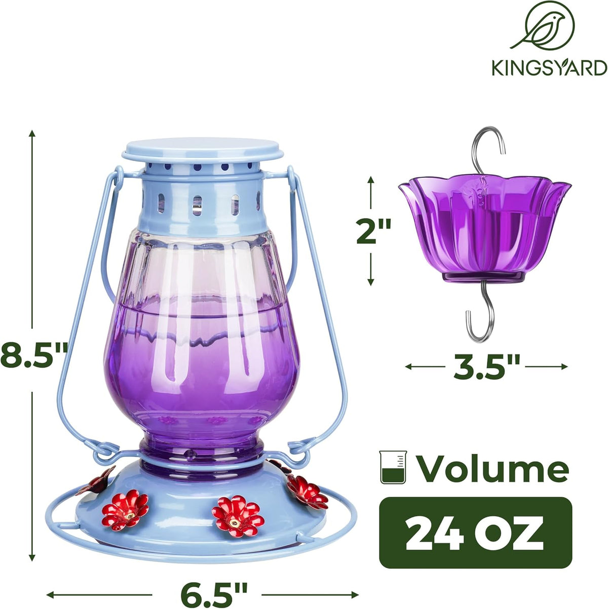 Kingsyard Glass Hummingbird Feeder for Outdoors Hanging - Vintage Lantern Style Leak-Proof Humming Bird Nectar Feeder with 6 Feeding Ports & Ant Moat for Outdoor Garden Decor, 24 Ounce, Purple