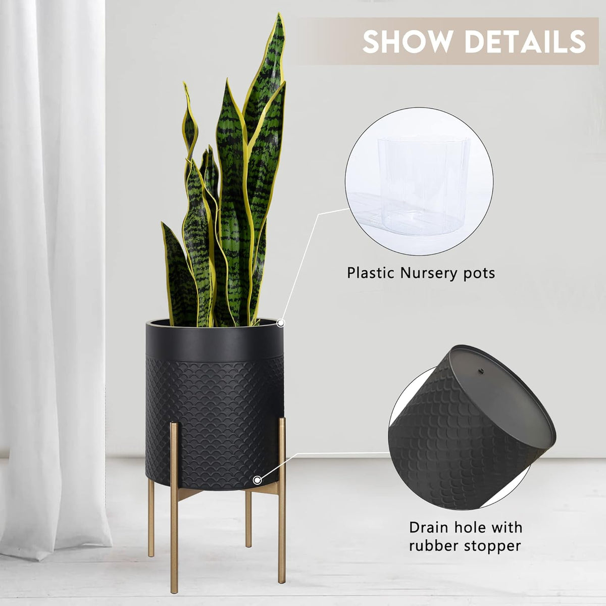 Oakrain Planters for Indoor Plants, Set of 2 Mid Century Modern Planter with Stand, Decorative Metal Planter Pots for Living Room, Office, Garden or Balcony, Black, 10"&12"