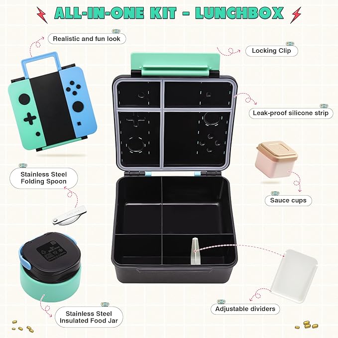 Game Bento Box for Kids, Lunch Box with Thermo(9oz Food Jar), Folding Spoon, Removable Divider & Sauce Cup, Lunch Box Kids for School,Travel, BPA-Free & Realistic Shape(Blue-Green)