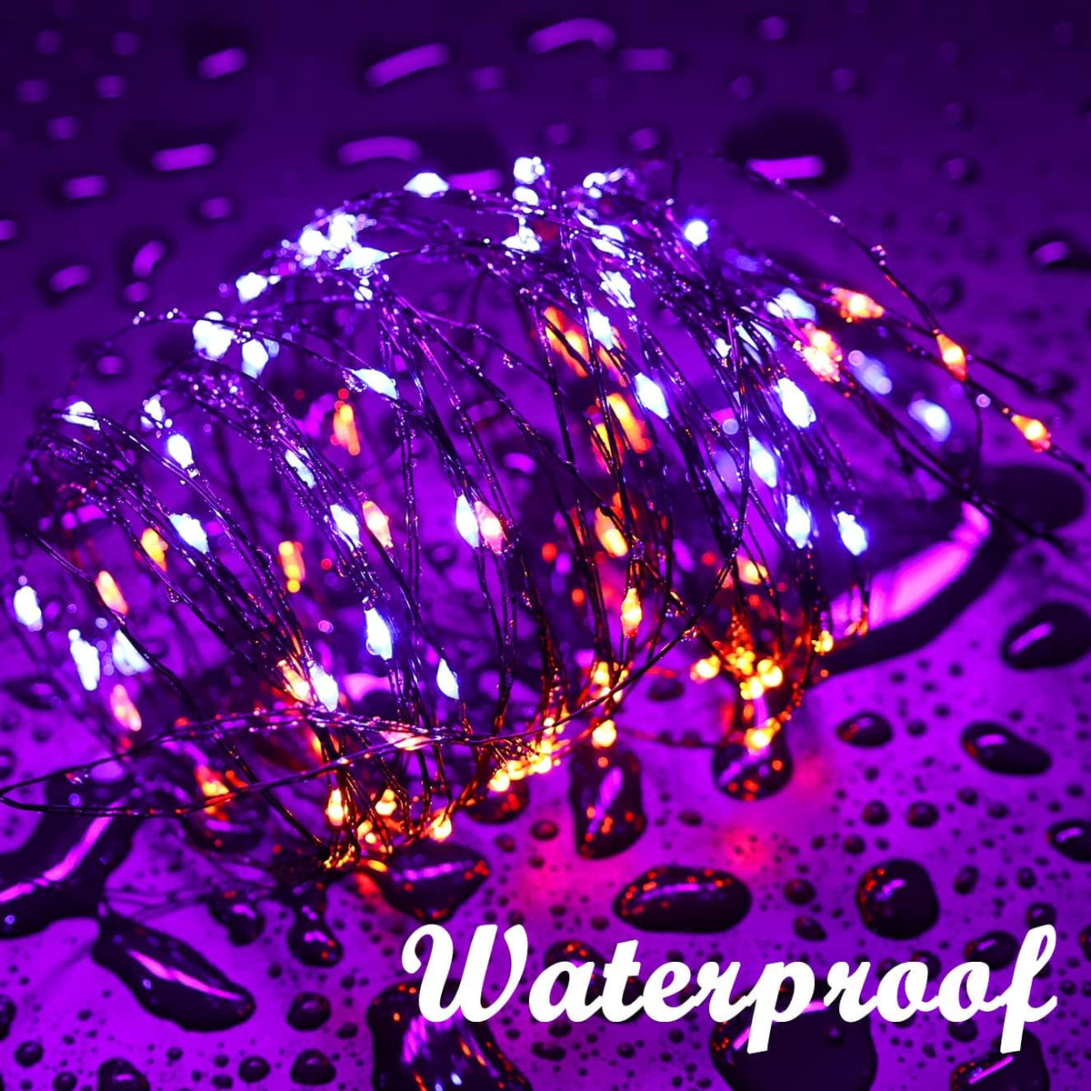 Lomotech 2 Pack Solar Lights, 33ft 100LED Orange Purple Twinkle Fairy Lights Waterproof 8 Modes Outdoor for Halloween Party DIY Decoration Black Wire
