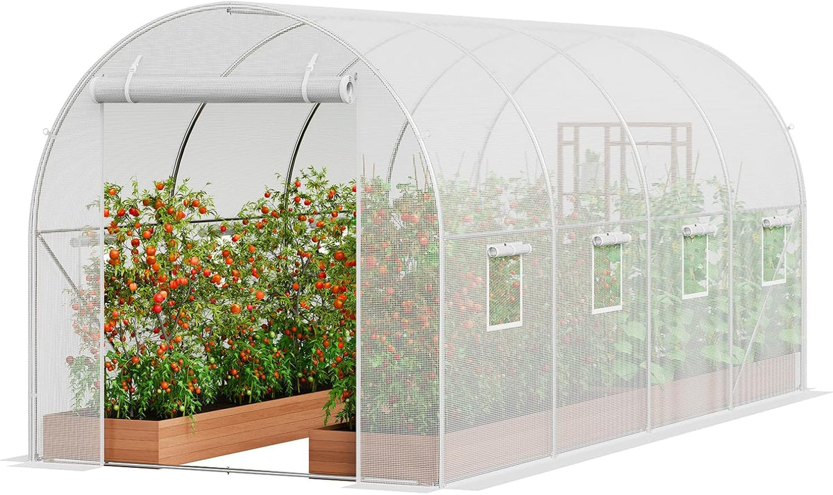 VEVOR Walk-in Tunnel Greenhouse, 14.6x6.4x6.3 ft Hoop House Greenhouse Tunnel, Plant Hot House with Galvanized Steel Frame, White PE Cover, Roll-up Zipper Door and 8 Windows for Outdoor