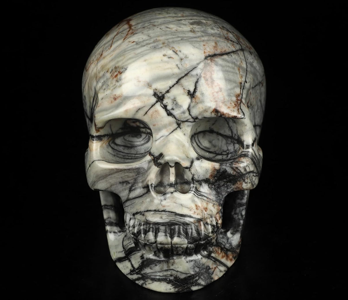 Skullis 5.0”Picasso Jasper Crystal Skull, Hand Carved Gemstone Fine Art Sculpture, Reiki Healing Stone Statue.3159